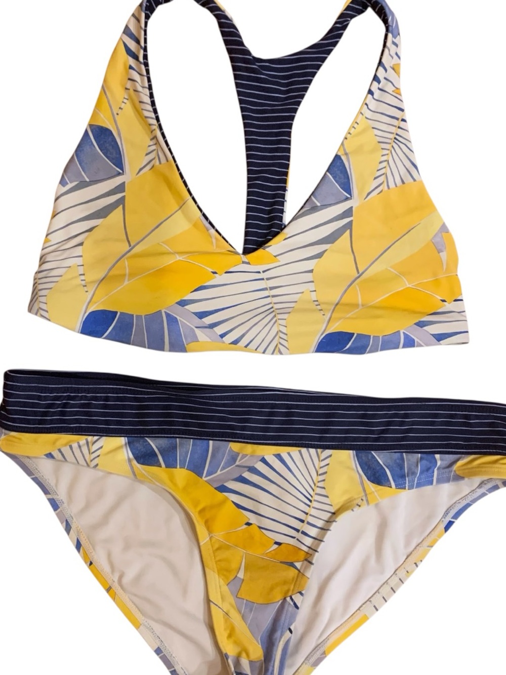 Carve Designs Reversible Yellow & Navy Tropical Leaf Stripes Bikini Set Large - Picture 2 of 7